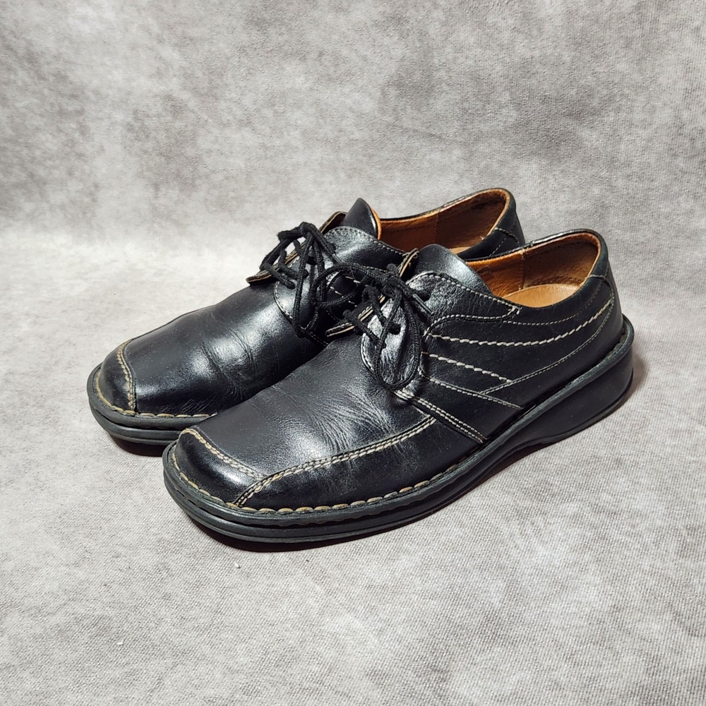 Josef Seibel Womens Black Leather Lace Up Oxford Shoes EU 39 Square Toe Comfort
